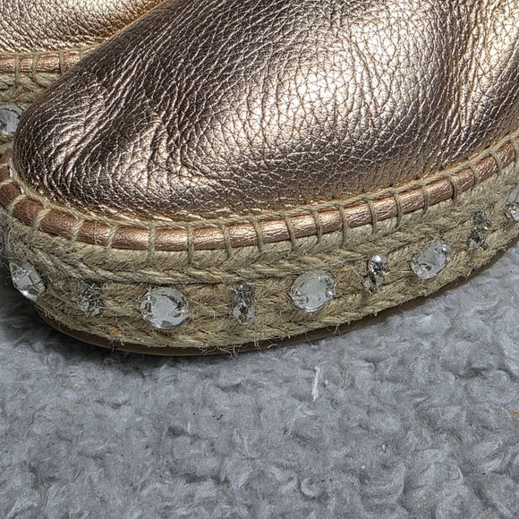 ALDO Women Gold Metallic Leather Espadrille Flatform Rhinestone Shoes Womens 11 - Picture 2 of 8